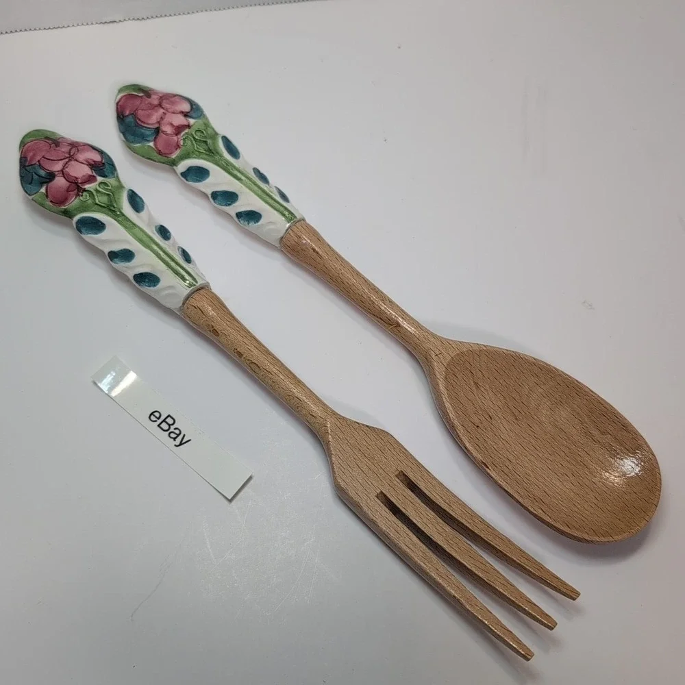 Assisi Serving Spoon & Form Wooden Ceramic HAndle Blue Sunflower Floral Folk Art